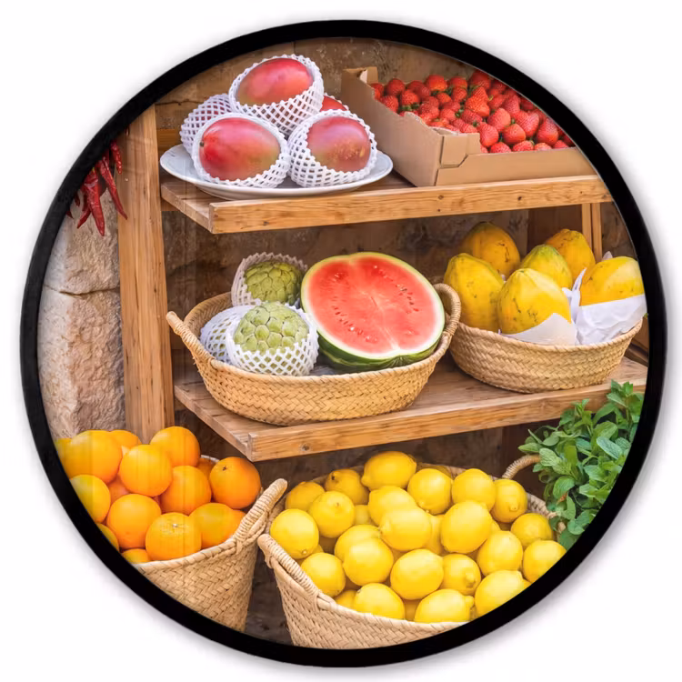 Poster im Rahmen Rund - Obst – Markt – Frisch - Fruit - Markt - Vers Fotolijst rond zonder passe partout klein