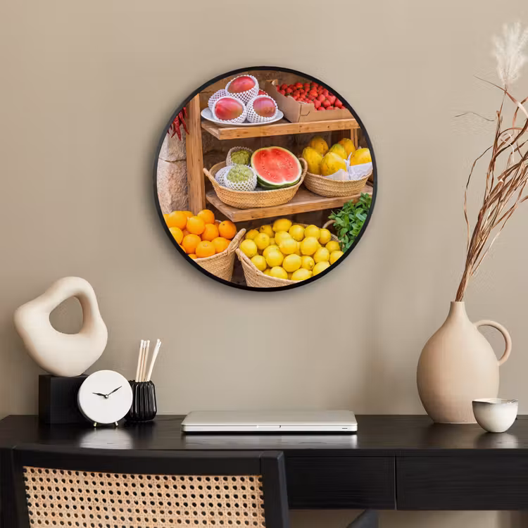 Poster im Rahmen Rund - Obst – Markt – Frisch - Fruit - Markt - Vers Fotolijst rond zonder passe partout klein