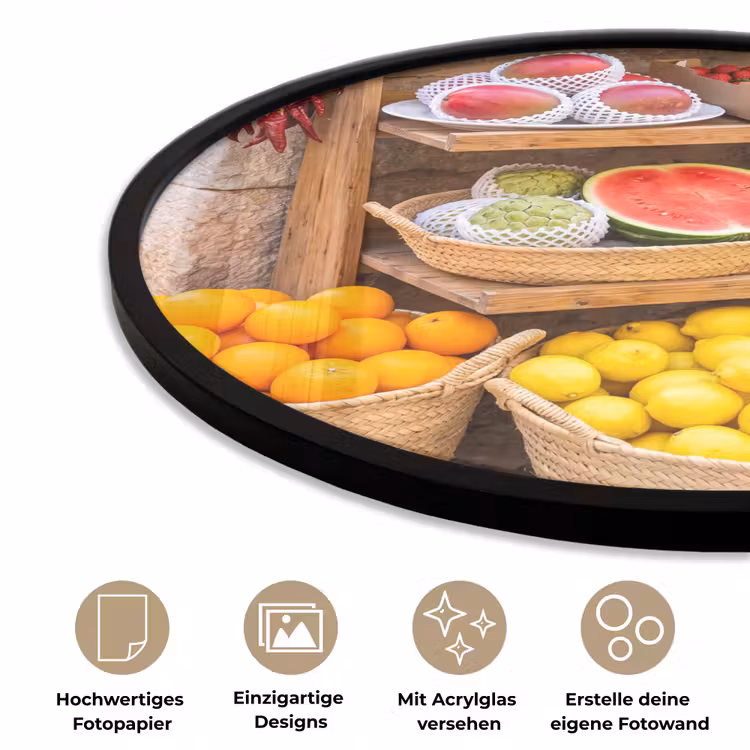 Poster im Rahmen Rund - Obst – Markt – Frisch - Fruit - Markt - Vers Fotolijst rond zonder passe partout klein