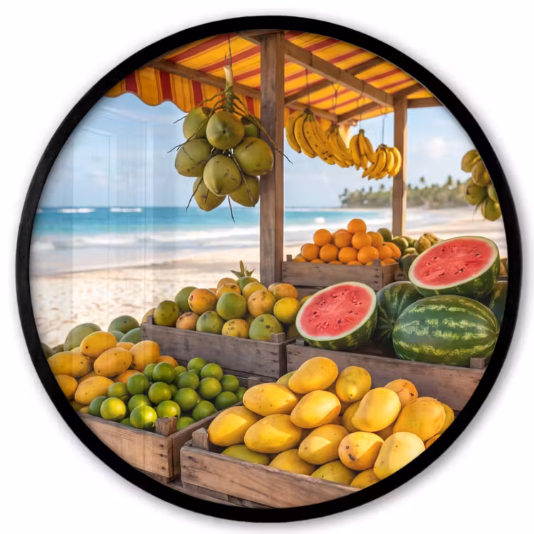 Poster im Rahmen Rund - Obst – Strand – Tropisch - Fruit - Strand - Tropisch Fotolijst rond zonder passe partout klein