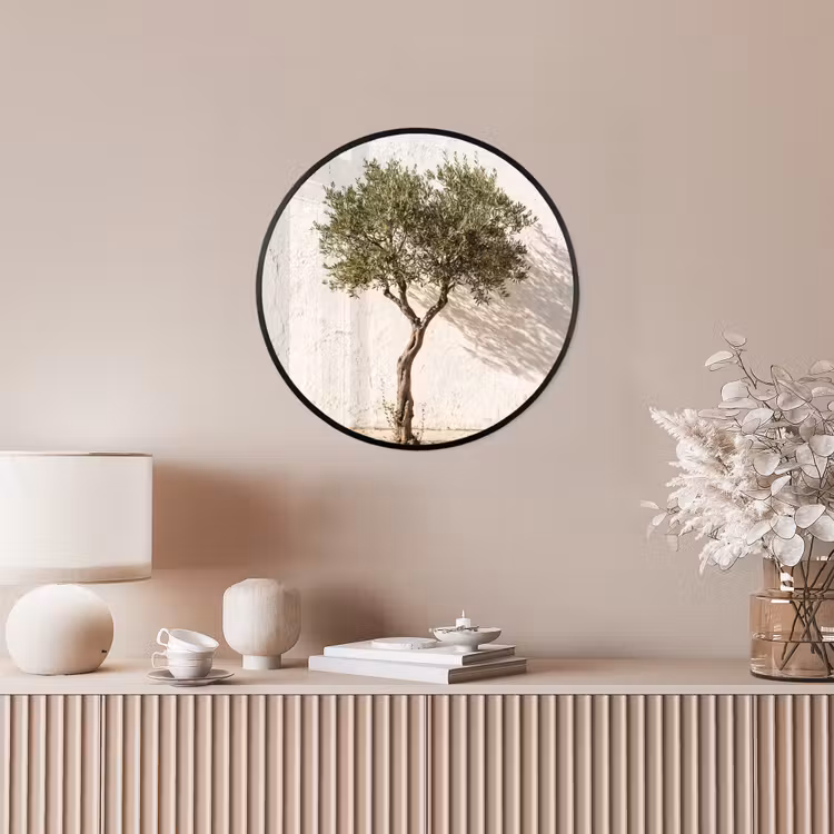 Poster im Rahmen Rund - Olivenbaum – Wand – weiß - Olijfboom - muur - wit Fotolijst rond zonder passe partout klein