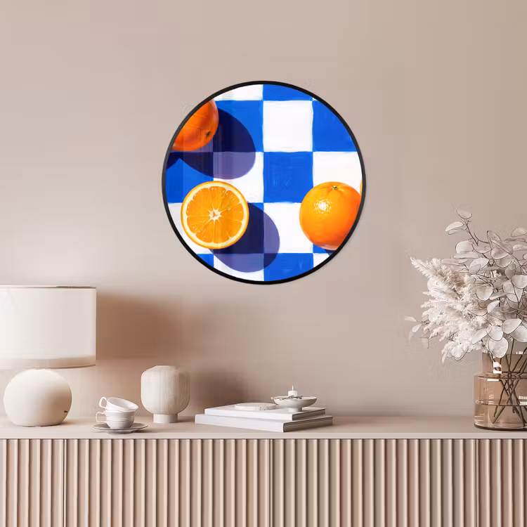 Poster im Rahmen Rund - Orange – Kariert – Essen - Sinaasappel - Geruit - Eten Fotolijst rond zonder passe partout klein
