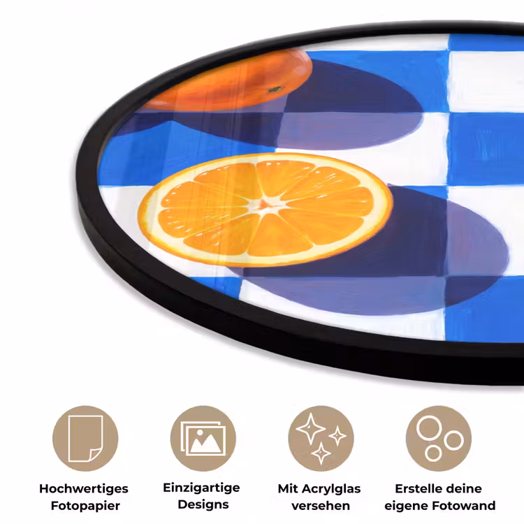 Poster im Rahmen Rund - Orange – Kariert – Essen - Sinaasappel - Geruit - Eten Fotolijst rond zonder passe partout klein