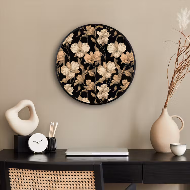 Orchideeën - Lijntekening - Patroon - Beige - Zwart Fotolijst rond zonder passe partout klein 856 -sfeer1