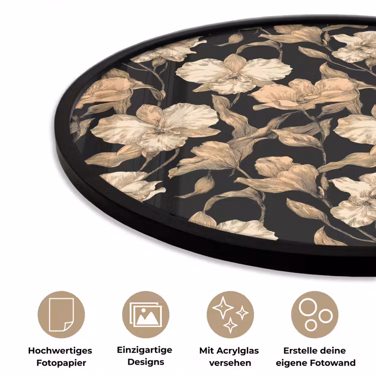 Orchideeën - Lijntekening - Patroon - Beige - Zwart Fotolijst rond zonder passe partout klein 856 -closeup_DE