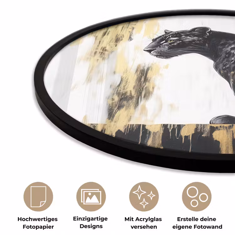 Panter - Zwart - Abstract - Goud Fotolijst rond zonder passe partout klein -closeup_DE