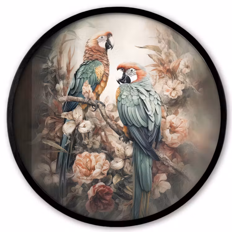 Papegaaien - Vogels - Natuur - Bloemen Fotolijst rond zonder passe partout klein -3d