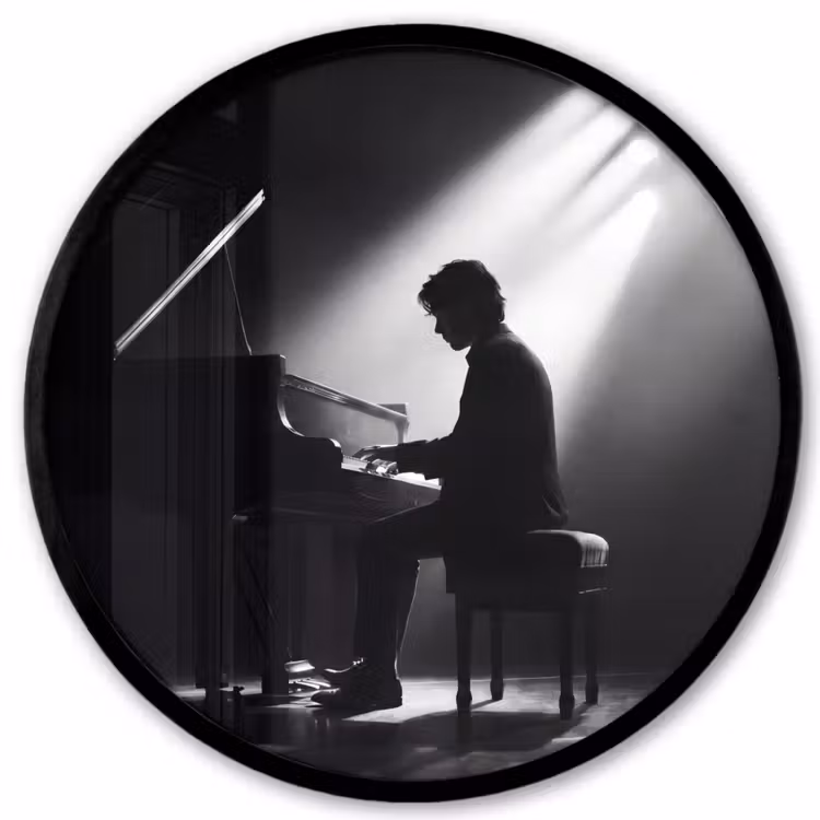 Persoon - Piano - Muziek - Zwart-wit - Podium Fotolijst rond zonder passe partout klein -3d