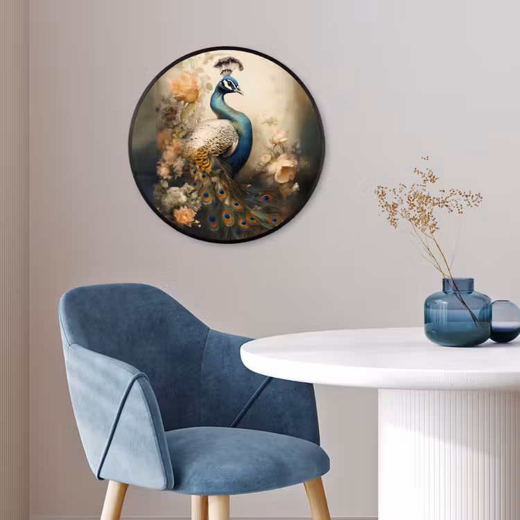 Pauw - Pauwenveren - Bloemen - Vogels - Botanisch Fotolijst rond zonder passe partout klein -sfeer2