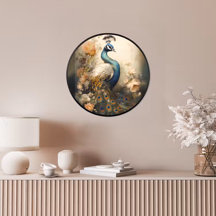Pauw - Pauwenveren - Bloemen - Vogels - Botanisch Fotolijst rond zonder passe partout klein -sfeer3