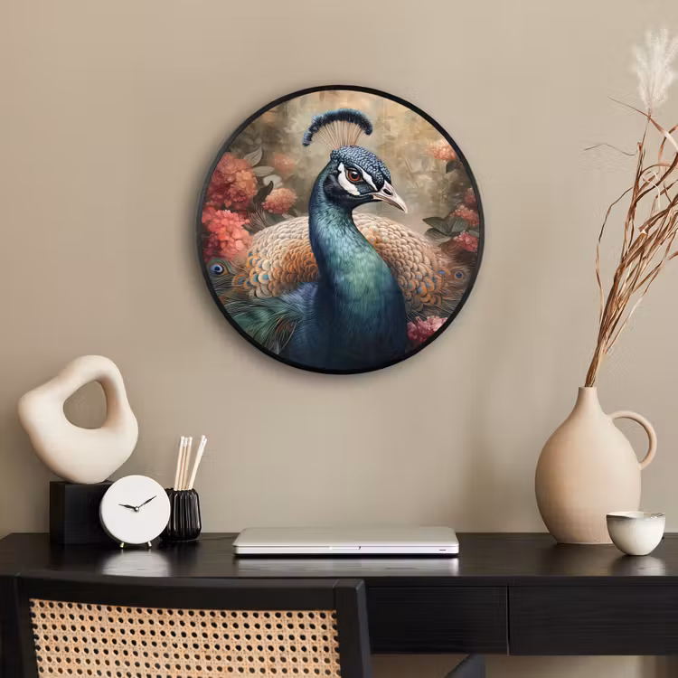 Pauw - Vogel - Bloemen - Planten - Pauwenveren Fotolijst rond zonder passe partout klein -sfeer1
