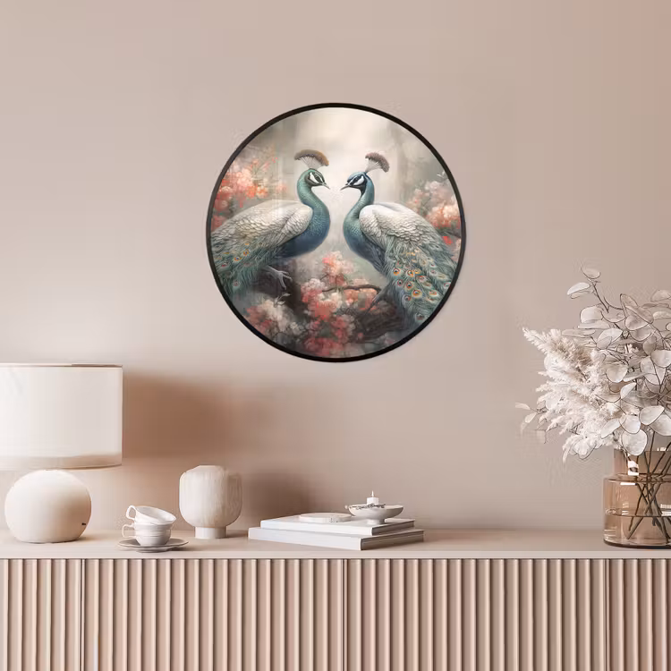 Pauwen - Pauwenveren - Vogels - Bloemen - Natuur Fotolijst rond zonder passe partout klein -sfeer3