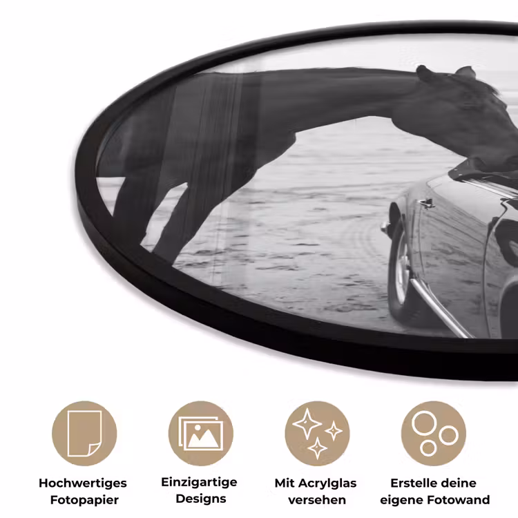 Paard - Auto - Zwart - Wit Fotolijst rond zonder passe partout klein -closeup_DE