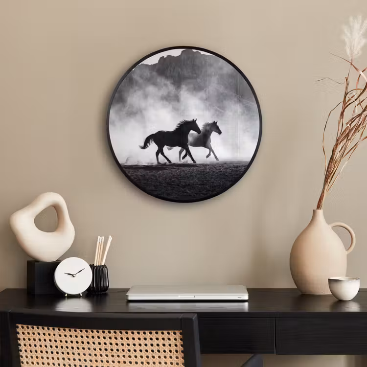 Paard - Ren - Stof - Zwart-wit - Dieren Fotolijst rond zonder passe partout klein -sfeer1