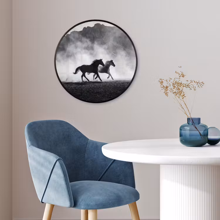Paard - Ren - Stof - Zwart-wit - Dieren Fotolijst rond zonder passe partout klein -sfeer2