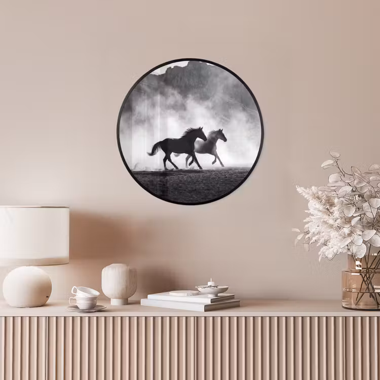 Paard - Ren - Stof - Zwart-wit - Dieren Fotolijst rond zonder passe partout klein -sfeer3