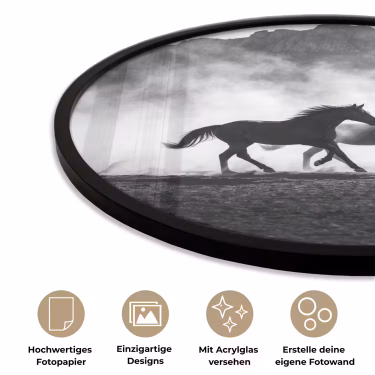 Paard - Ren - Stof - Zwart-wit - Dieren Fotolijst rond zonder passe partout klein -closeup_DE