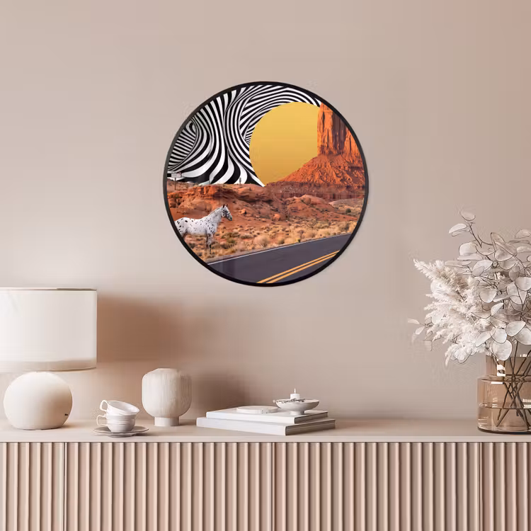 Poster im Rahmen Rund - Pferd – Wüste – Natur - Paard - Woestijn - Natuur Fotolijst rond zonder passe partout klein