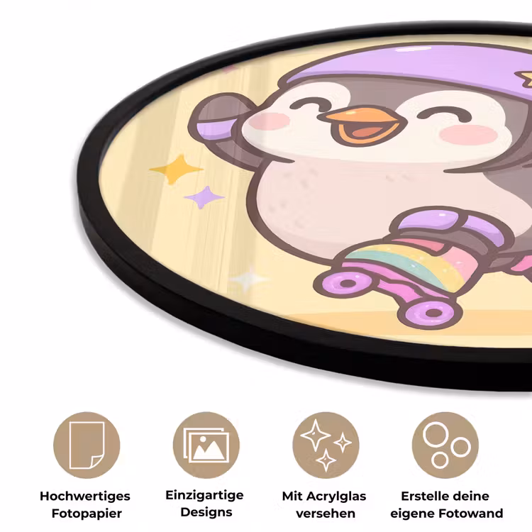 Pinguïn - Rolschaatsen - Geel - Energiek Fotolijst rond zonder passe partout klein -closeup_DE