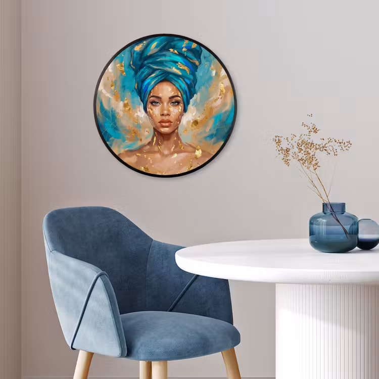 Portret - Vrouw - Schilderij - Blauw - Goud - Expressief Fotolijst rond zonder passe partout klein -sfeer2