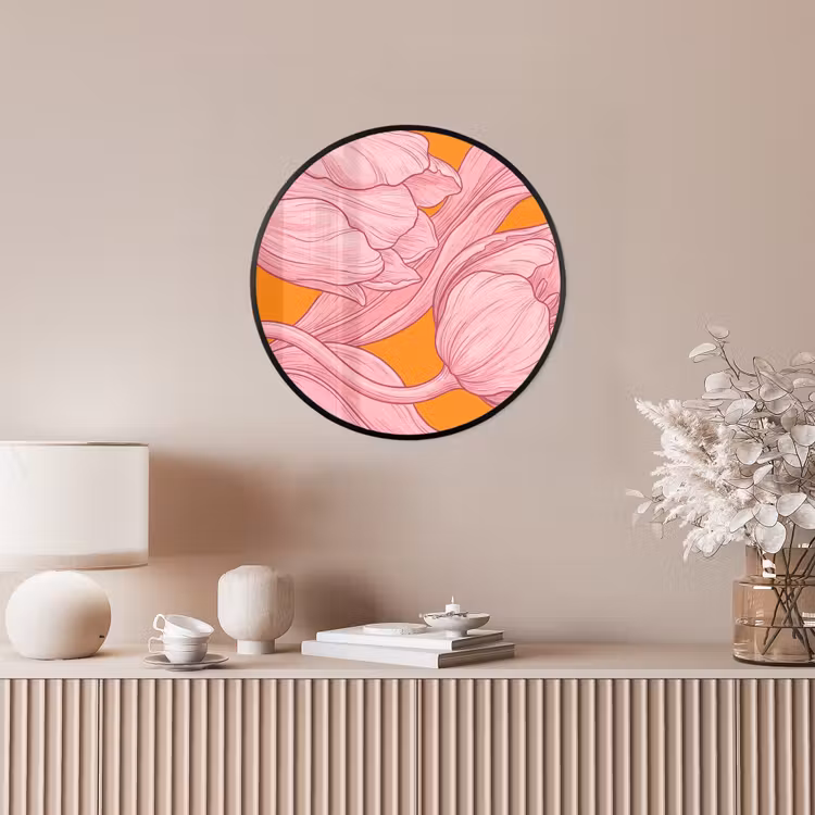 Poster im Rahmen Rund - Rosa Blumen – Modern - Roze bloemen - Modern Fotolijst rond zonder passe partout klein