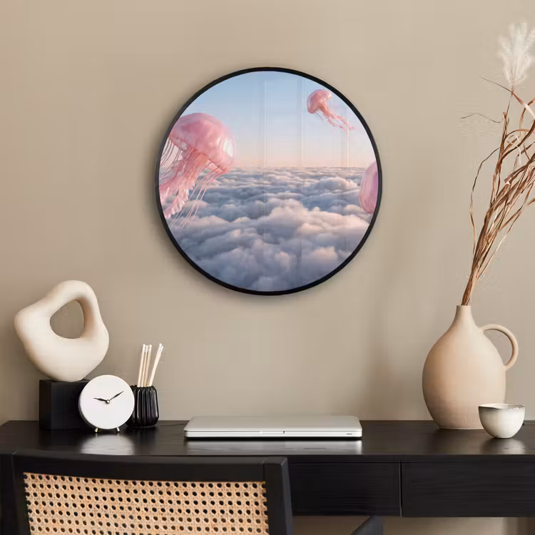 Poster im Rahmen Rund - Rosa Tier – Wolken - Roze dier - Wolken Fotolijst rond zonder passe partout klein