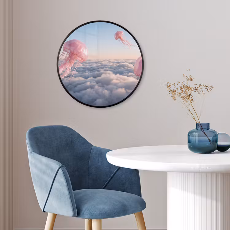 Poster im Rahmen Rund - Rosa Tier – Wolken - Roze dier - Wolken Fotolijst rond zonder passe partout klein