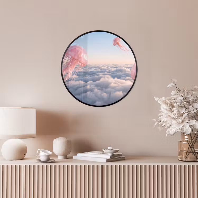 Poster im Rahmen Rund - Rosa Tier – Wolken - Roze dier - Wolken Fotolijst rond zonder passe partout klein