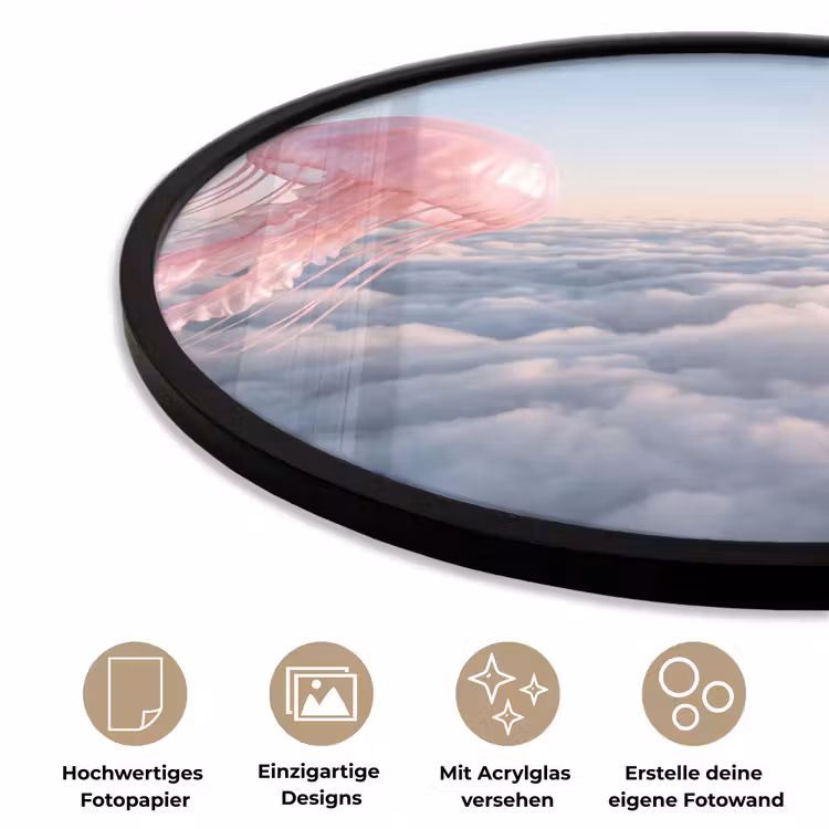 Poster im Rahmen Rund - Rosa Tier – Wolken - Roze dier - Wolken Fotolijst rond zonder passe partout klein