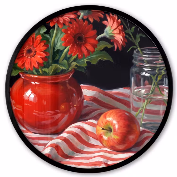 Poster im Rahmen Rund - Rote Blumen – Vase - Rode bloemen - Vaas Fotolijst rond zonder passe partout klein