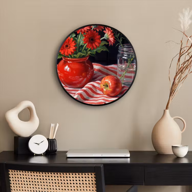 Poster im Rahmen Rund - Rote Blumen – Vase - Rode bloemen - Vaas Fotolijst rond zonder passe partout klein