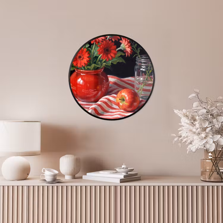 Poster im Rahmen Rund - Rote Blumen – Vase - Rode bloemen - Vaas Fotolijst rond zonder passe partout klein