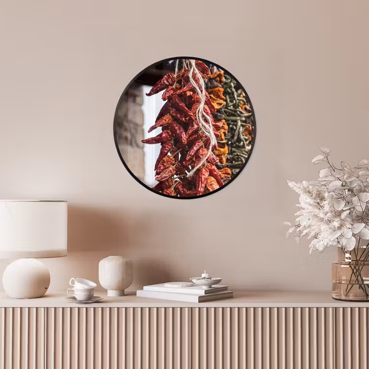 Poster im Rahmen Rund - Rote Chilischoten – Essen - Rode pepers - Eten Fotolijst rond zonder passe partout klein