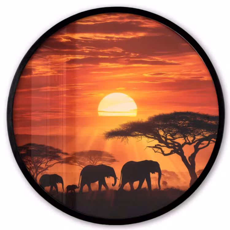 Savanne - Olifanten - Zonsondergang Fotolijst rond zonder passe partout klein -3d