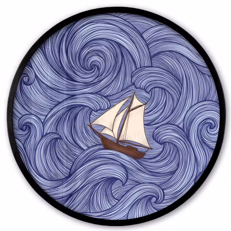 Schip - Golven - Zee - Illustratie - Blauw Fotolijst rond zonder passe partout klein -3d