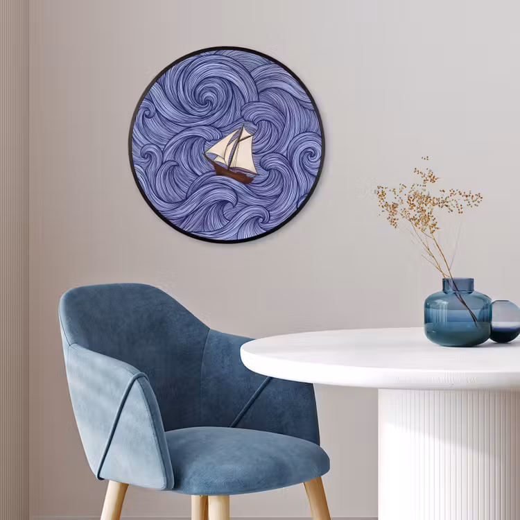 Schip - Golven - Zee - Illustratie - Blauw Fotolijst rond zonder passe partout klein -sfeer2