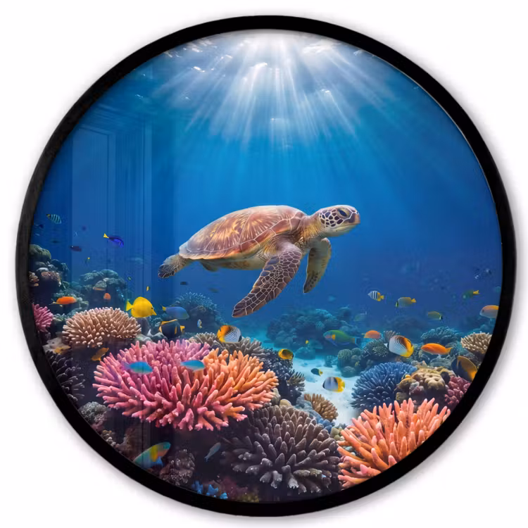 Schildpad - Koraalrif - Oceaan - Dieren - Blauw Fotolijst rond zonder passe partout klein -3d