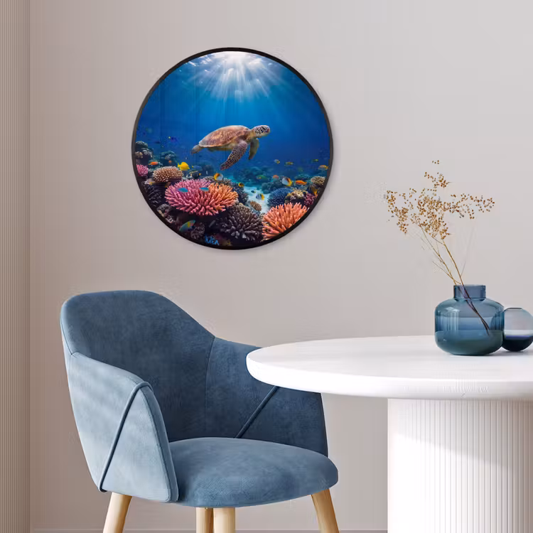 Schildpad - Koraalrif - Oceaan - Dieren - Blauw Fotolijst rond zonder passe partout klein -sfeer2
