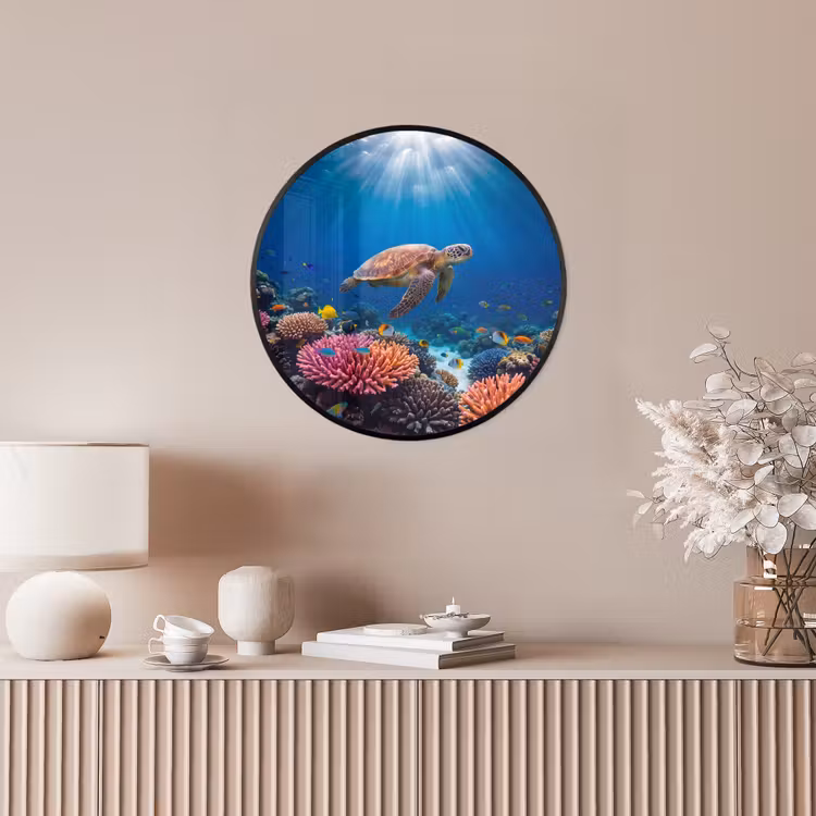 Schildpad - Koraalrif - Oceaan - Dieren - Blauw Fotolijst rond zonder passe partout klein -sfeer3