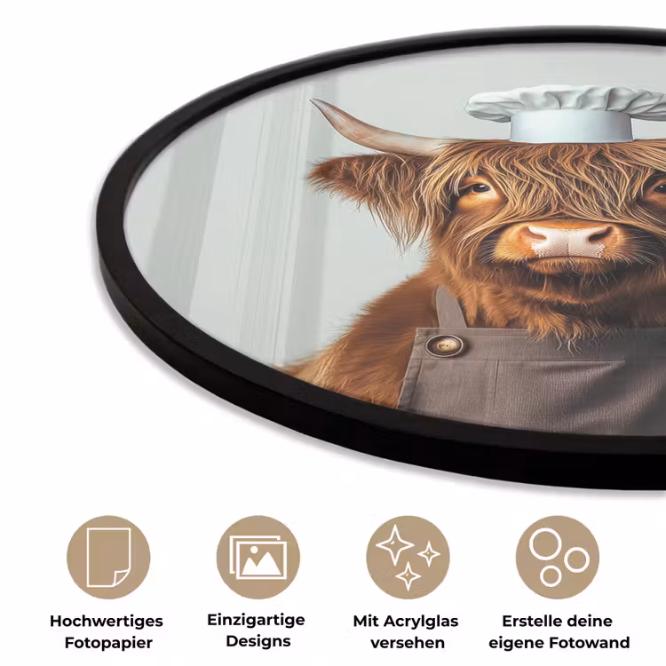Schotse Hooglander - Bruin - Hoorns - Kokskleding Fotolijst rond zonder passe partout klein -closeup_DE
