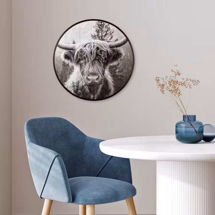 Schotse hooglander - Koe - Dieren - Zwart - Wit Fotolijst rond zonder passe partout klein -sfeer2