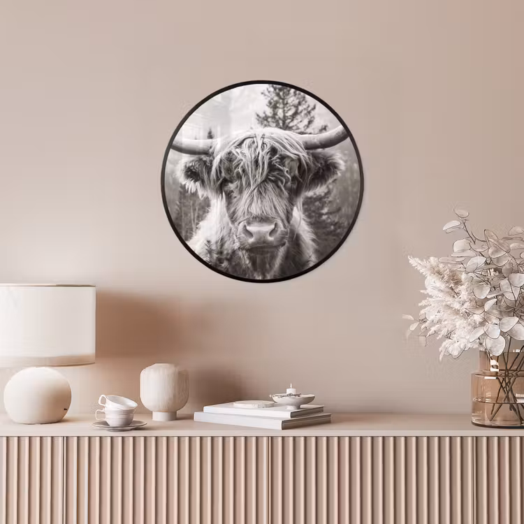 Schotse hooglander - Koe - Dieren - Zwart - Wit Fotolijst rond zonder passe partout klein -sfeer3