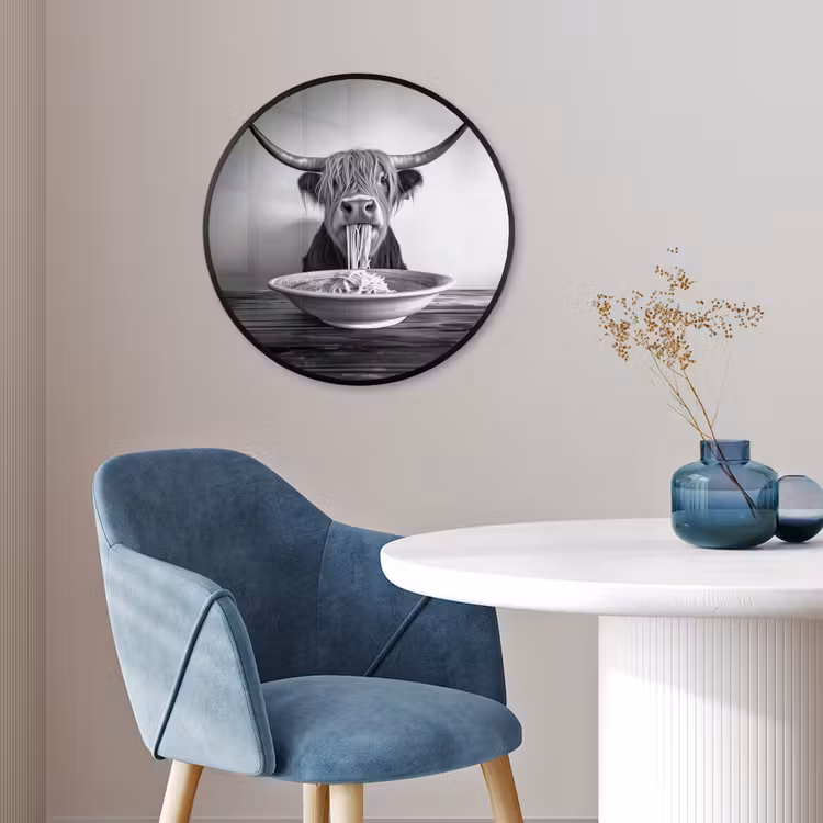 Schotse Hooglander - Spaghetti - Dieren - Zwart wit Fotolijst rond zonder passe partout klein -sfeer2