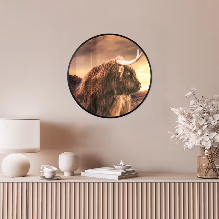 Schotse hooglander - Zon - Horizon - Koe - Dieren Fotolijst rond zonder passe partout klein -sfeer3