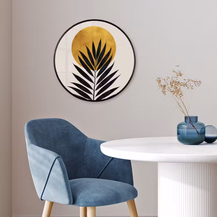 Zwart palmblad - Gouden cirkel - Beige achtergrond Fotolijst rond zonder passe partout klein -sfeer2