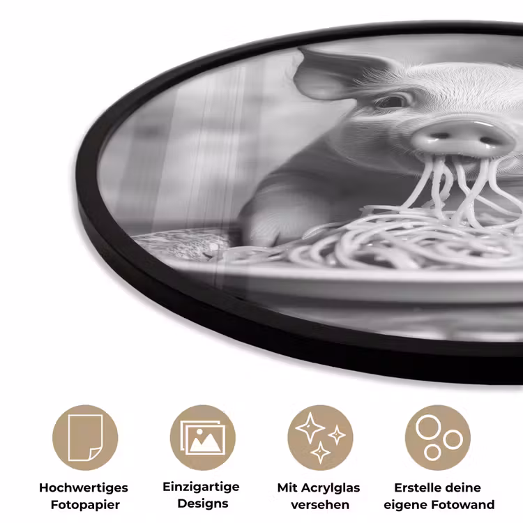 Varken - Schattig - Spaghetti - Zwart wit - Dier Fotolijst rond zonder passe partout klein -closeup_DE