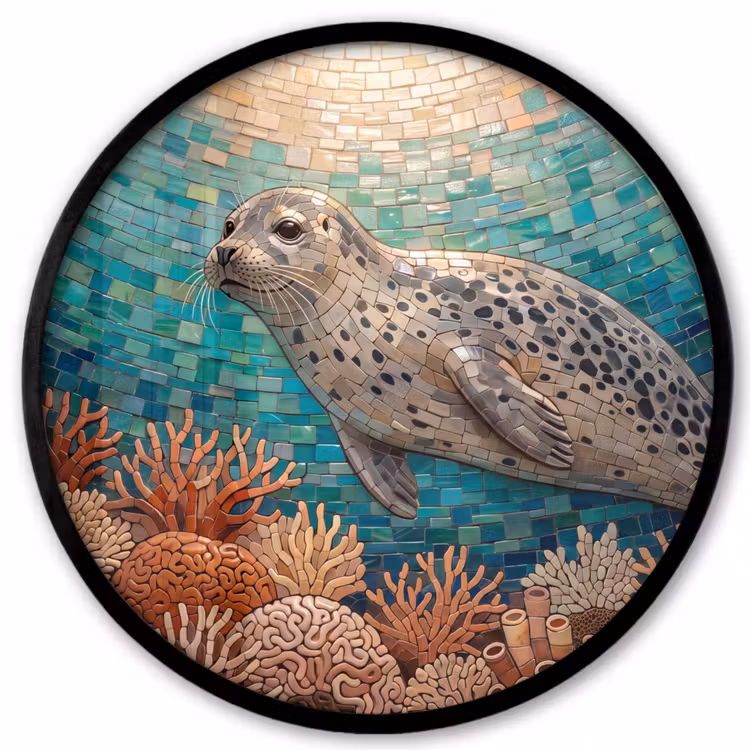 Zeehond - Mozaïek - Onderwater - Dieren - Blauw Fotolijst rond zonder passe partout klein -3d