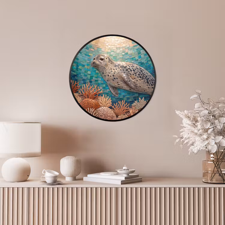 Zeehond - Mozaïek - Onderwater - Dieren - Blauw Fotolijst rond zonder passe partout klein -sfeer3