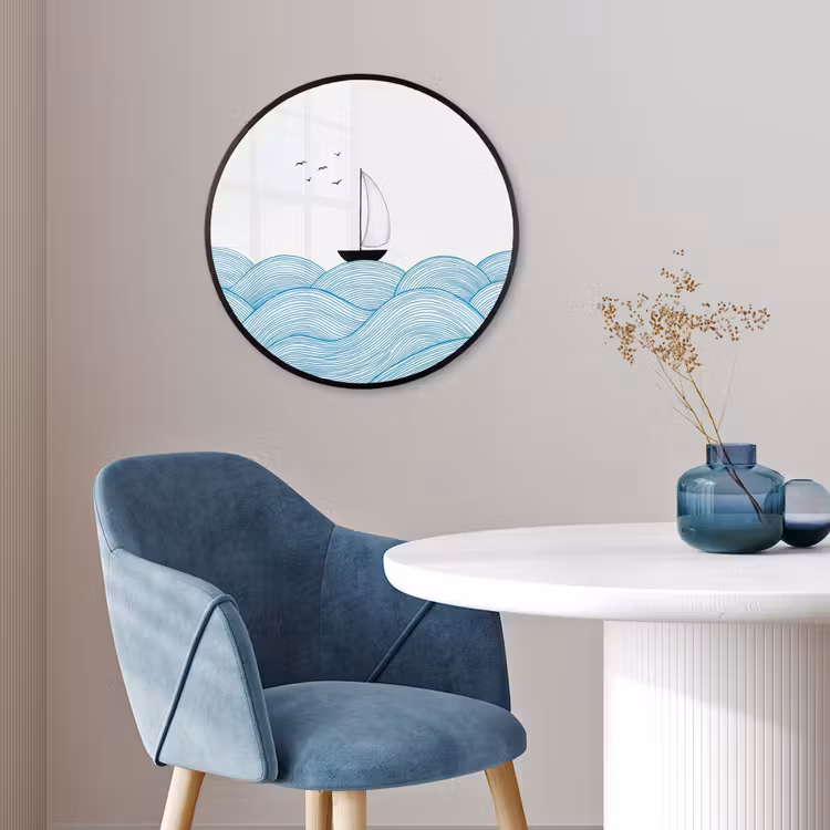 Zeilboot - Golven - Zee - Illustratie - Blauw Fotolijst rond zonder passe partout klein -sfeer2