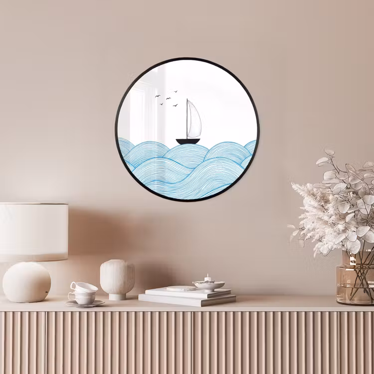 Zeilboot - Golven - Zee - Illustratie - Blauw Fotolijst rond zonder passe partout klein -sfeer3